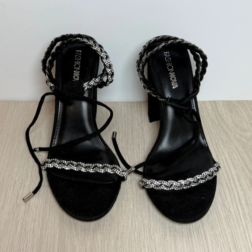Heeled Sandals Fashion Nova Womens 6.5 Black Rhinestone Braided Lace Up Heel